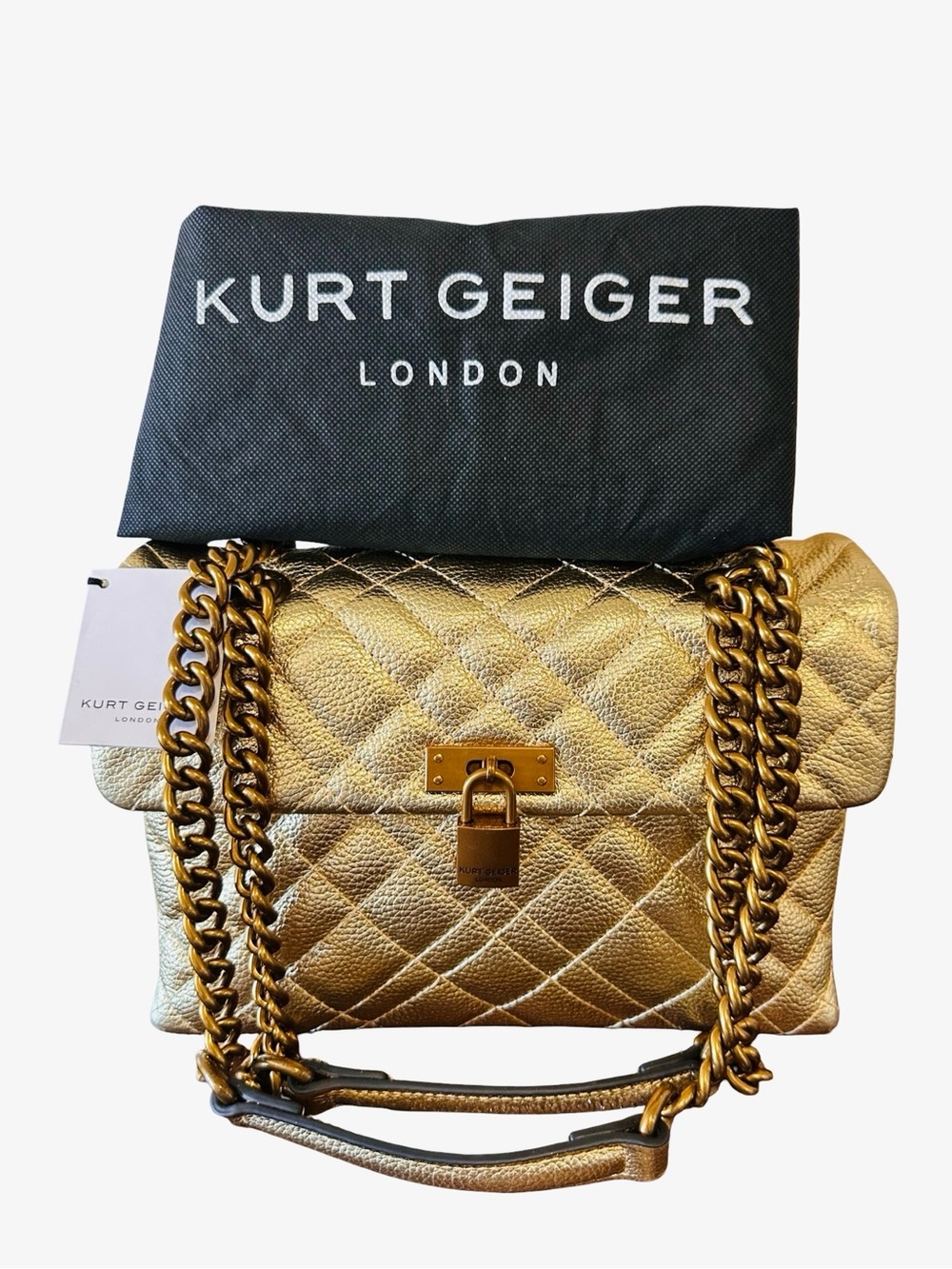 NWT Kurt Geiger London Large Brixton Quilted Lock Bag - Metallic Gold